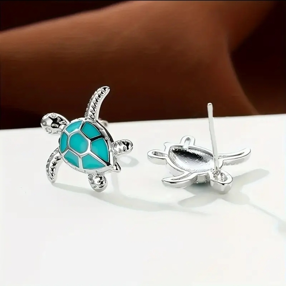 Silver Turtle Stud Earrings with Turquoise Inlay - Picture 2 of 5